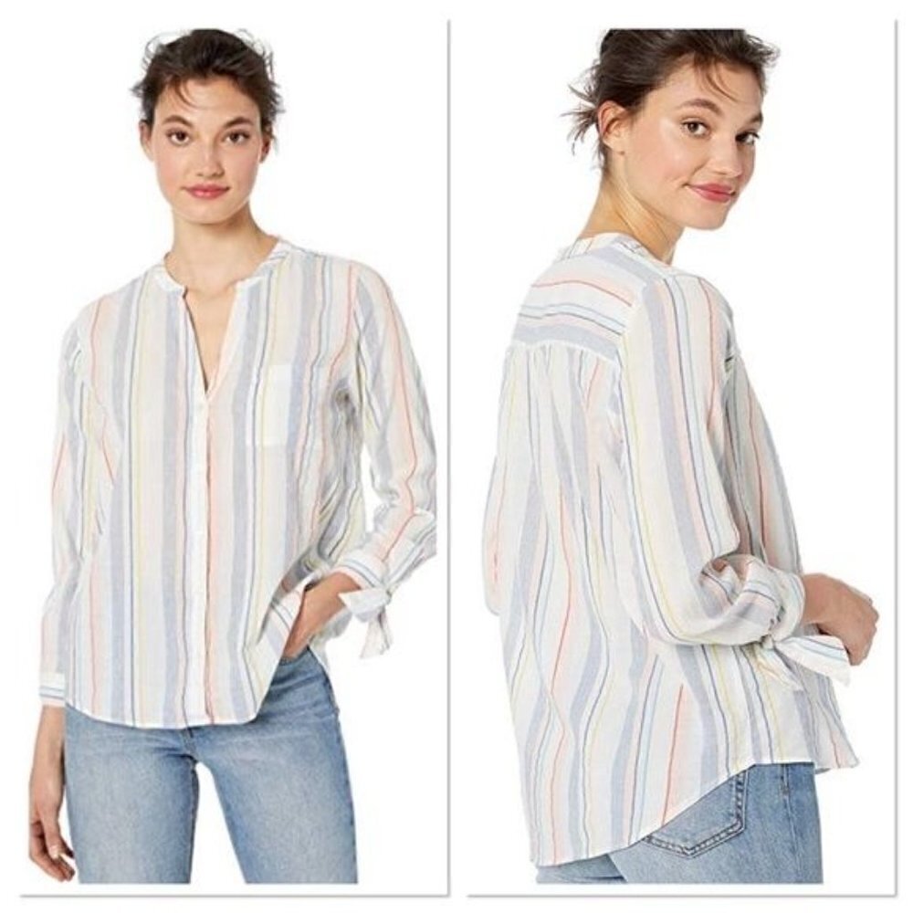 J. Crew‎ Mercantile Tie Sleeve Striped Collarless Button Down Long Sleeve S